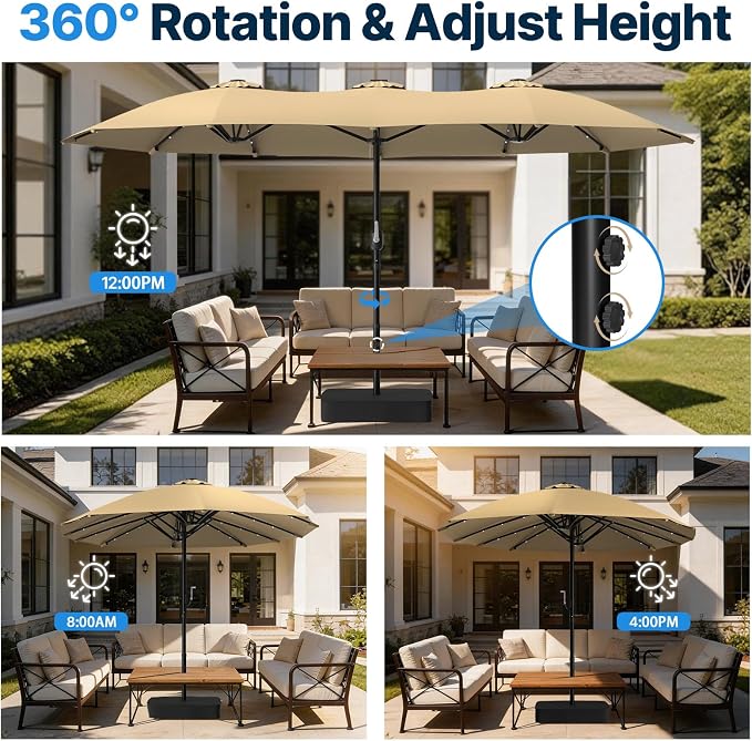 Suteck 15FT Patio Umbrella with Base & Solar Lights, Khaki | Double-Sided, Crank Handle, UV & Fade Resistant Canopy, Poolside, Backyard, Deck, Market