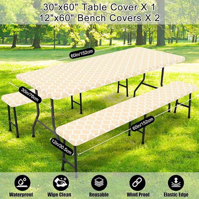 Smiry Picnic Table Cover with Bench Covers, Waterproof Elastic Fitted Tablecloth for 5 Foot Tables, Washable Polyester Tablecloths for Camping, Indoor & Outdoor (Beige, 30x60 Inch 3-pc Set)