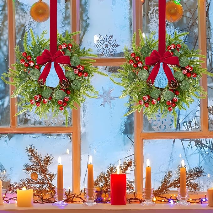 Waipfaru 12 Pcs Small Christmas Wreath, Mini Wreaths for Cabinets, Christmas Wreaths for Windows Kitchen Front Door Candle Rings Fireplaces Table Centerpiece Indoor Outdoor Decorations