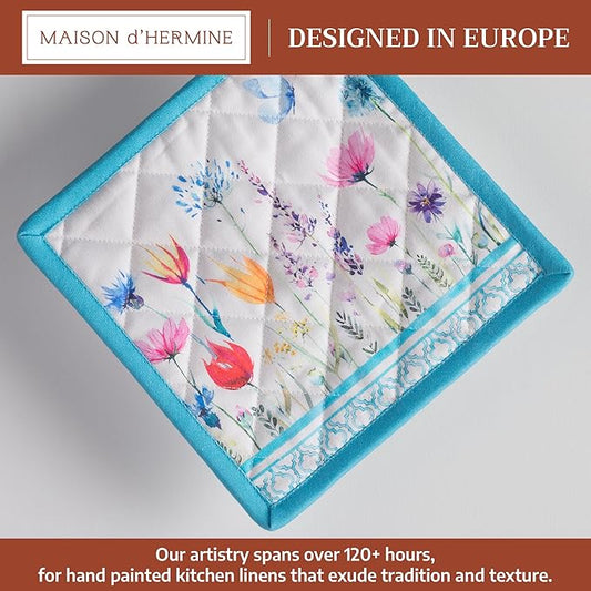Maison d' Hermine Pot Holders 100% Cotton Heat Resistant Potholders 8" x 8" Hot Pads with Loop BBQ Baking Hotel Farmhouse Kitchen Handling Hot Pans Spring Summer (Pack of 1, Flower in The Field)