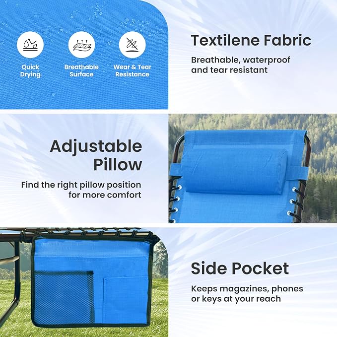 2 Pack Outdoor Folding Chaise Lounge 5-Position Adjustable Recliner 400LB Heavy Duty Portable Patio Camping Beach Chair, Blue