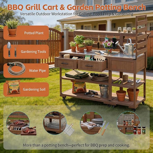 62 Inch Patio Kitchen Island with Stainless Steel Top, Brown | Brown fir wood, stainless steel top, garden or patio, raised shelf, 2 drawers, lockable wheels, modular design, 62.3 in L