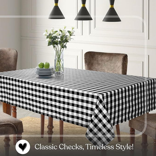 Gingham Check Tablecloth, 100% Cotton, 52x70 Inch, Black and White, Durable Table Cover for Rustic Kitchen Decor, Picnics, BBQ, Dining Room, Indoor and Outdoor Use, Black White