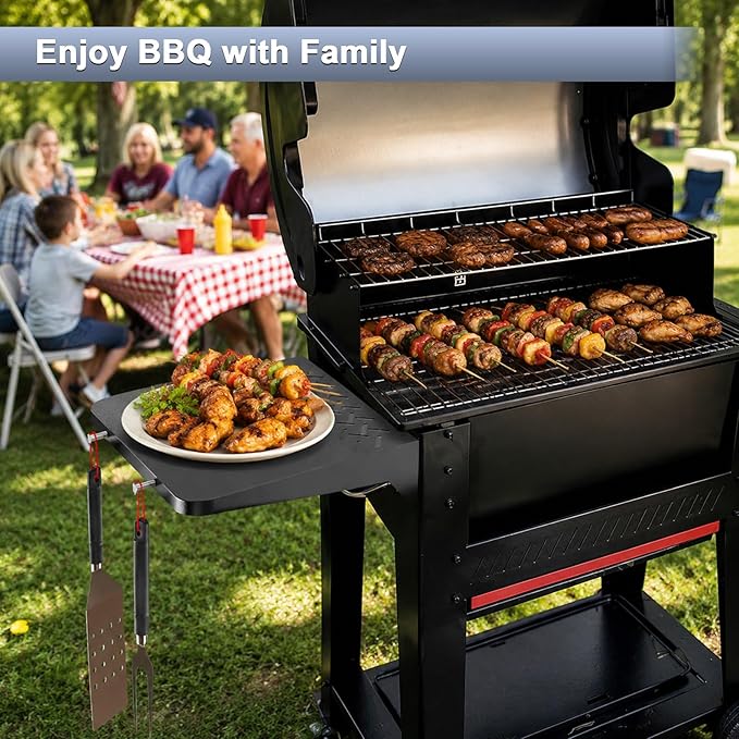KEESHA BBQ Side Table for Weber Searwood 600/600XL Pellet Grills, Heavy-Duty Stainless Steel Folding Prep Station, BBQ Accessory with Hooks, Replace for Weber 3400140