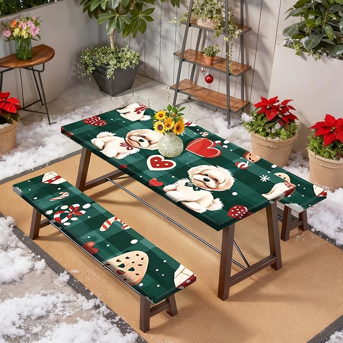 Christmas Picnic Table Cover with Bench Covers Set, Elastic Fitted Tablecloth for Outdoor Picnic Tables, Green Plaid Design with Cute Puppy and Heart Pattern, Durable Vinyl Cover for Campin