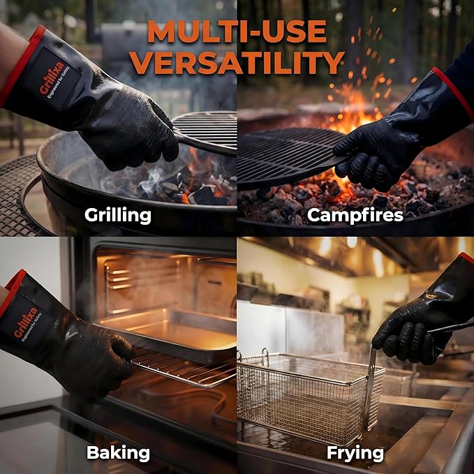 BBQ Gloves: Neoprene Heat Resistant Waterproof Grilling Gloves, 932F Temperature Protection with Cotton Lining for Smoker, Cooking, Outdoor Barbecue and More