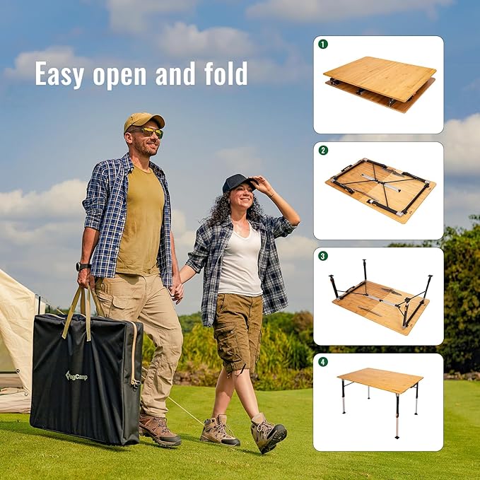 KingCamp Bamboo Folding Table, 2-Fold Camping Adjustable Height Portable Outdoor Lightweight & Compact Table with Aluminum Frame for RV Picnic BBQ