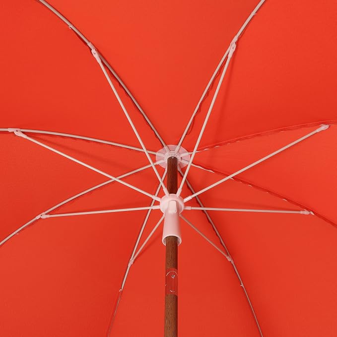 JONATHAN Y Horizon 6.5 ft. Scalloped Fringe Beach Umbrella, Coral Red | UV 50 Sun Protection, Push Button Tilt, Matching Carry Bag, Brown Wood Finish Pole, Wind Vent, 8 Fiberglass Ribs, Pointed End