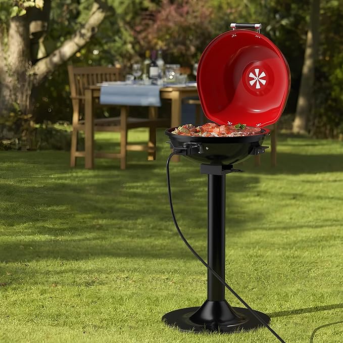 ORALNER Electric Grill Outdoor/Indoor, 15- Serving Electric Barbecue Grill w/Round Lid, Removable Non-Stick Grilling Rack, Oil Drip Tray, 1600W Portable Standing BBQ Grill for Apartment Balcony Patio