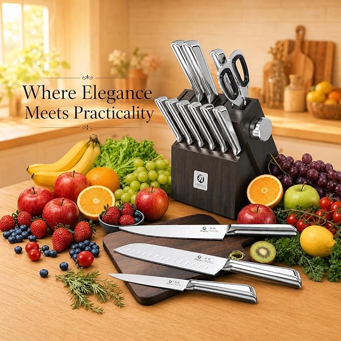 imarku 14-Piece Knife Set with Block, Glides Through Meat, Fish, Veggies & Bread, High Carbon Stainless Steel, Built-in Sharpener, Ergonomic Non-Slip Handle, Essential Gift for Home Cooks