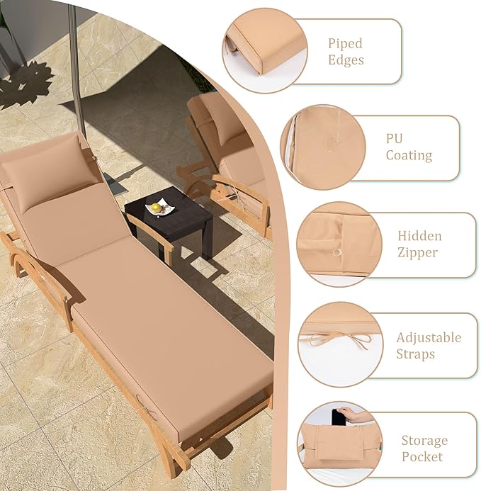 Chaise Lounge Cushions Outdoor Set of 2 Lounge Chair Cushion 72" L x 21" W with Headrest Straps 3'' Thick Waterproof Patio Chaise Cushions Pool Lounger Chair Cushion(Beige)