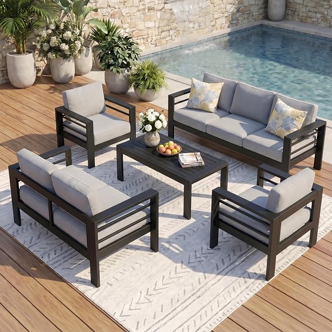 Solaste 7-Seaters Aluminum Outdoor Patio Furniture Set, Patio Sectional with 5" Thick Cushion, Outdoor Furniture with Coffee Table, Patio Sofa for Porch, Backyard, Deck, Yard, Light Grey