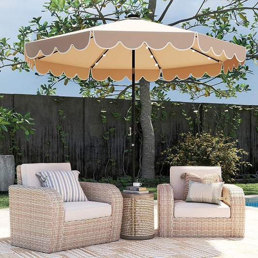 Tangkula 10FT Solar LED Patio Umbrella, 2-Tiers Scalloped Outdoor Table Market Umbrella with 24 LED Lights, Vented Top, Tilt Adjustment, Crank, 8 Ribs for Backyard Poolside Deck Beach Lawn (Coffee)
