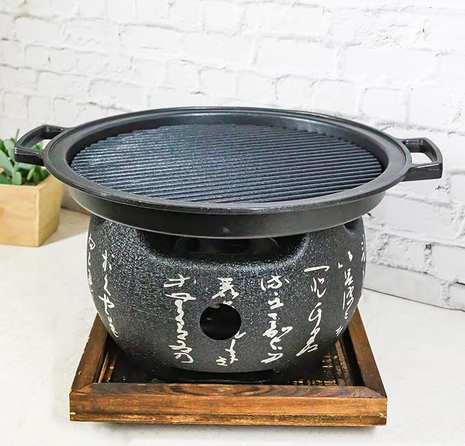 Ebros Gift Japanese Cuisine Tabletop Shichirin Konro Compact Movable Charcoal Grill BBQ Aluminum Cooking Stove With Comal Flat Griddle And Wooden Trivet Base For Yakitori Hibachi Yakiniku