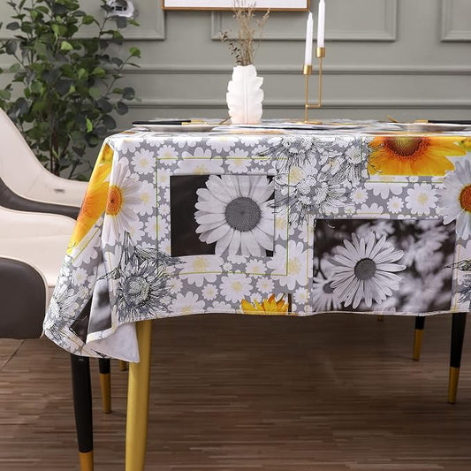 Heavy Duty Vinyl Tablecloth with Flannel Backing Waterproof Oil-Proof Plastic Table Cloth Stain-Resistant Wipeable Rectangle or Square Table Cover for Indoor and Outdoor ( Sunflower, 60X84 Inch)