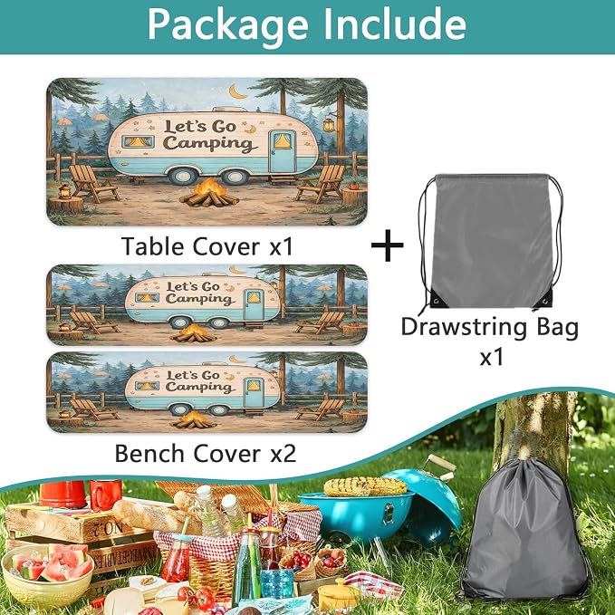 Fitted Picnic Table Cover with Bench Covers and Bag, Forest RV Campfire Tent Waterproof Windproof Outdoor Tablecloth with Elastic Edges for Indoor & Outdoor, Garden, Camping, 3 PCS 30x96 Inch