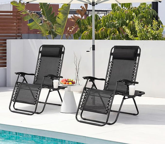 Alpen Zero Gravity Lounge Chair Set of 2, Patio Chair for Beach Pool, Black | Chaise Lounge Chairs for Outside, Portable Camping Chairs with Pillow and Cup Holder, Outdoor Recliner for Beach Camping