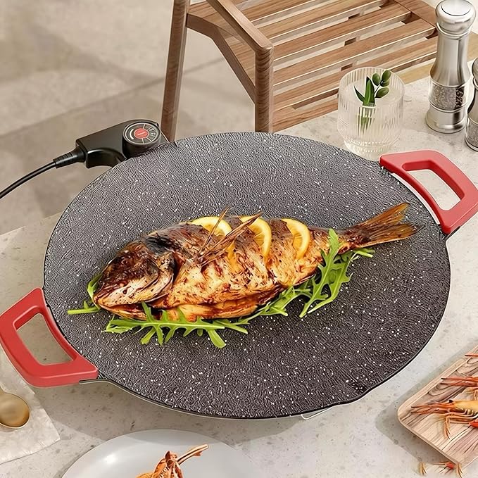 Electric Smokeless Grill, Non-Stick BBQ Griddle with Temperature Control, Round Cooking Surface with Red Handles, Indoor Barbecue Pan for Meat and Seafood (11)