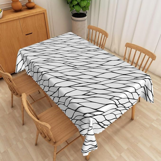 Black and White Geometric Fabric Waterproof Tablecloth 60x102 Inch Abstract Irregular Stripes Tablecloths Dining Table Cloth Buffet Parties Patio and Camping Chic Decoration for Home Kitchen