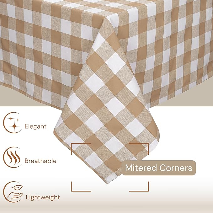 Beige and White Buffalo Check Tablecloth, 60x84 Inches, Plaid Table Cover, 100% Cotton, Washable, Reusable Farmhouse Table Linen for Holiday, Thanksgiving, Weddings, Everyday Dining