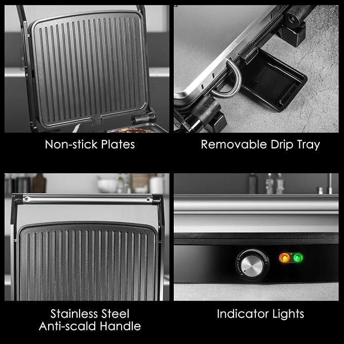OSTBA Panini Press Grill, 4-Slice Sandwich Maker with Nonstick Plates | 1200W Heating with Adjustable Temperature, 180° Opening, Drip Tray, Stainless Steel, Easy Cleanup