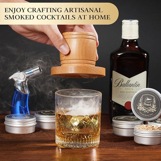 Whiskey Smoker Kit with Torch - Old Fashioned Cocktail Smoker Kit with 6 Flavors Wood Chips | 2 XL Stainless Steel Ice Balls & 2 Glasses, Christmas Bourbon Whiskey Gifts for Men, Dad(No Fuel Included)