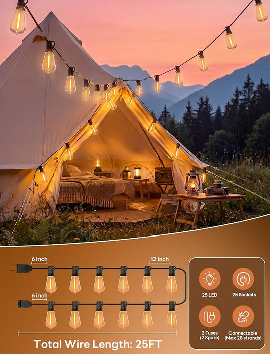 25FT LED Outdoor String Lights, ST38 Patio Lights Waterproof with 25 Shatterproof Edison Bulbs, Connectable Outside Hanging Light for Porch, Garden, Backyard, Deck, Balcony, Decor, 2700K Warm White