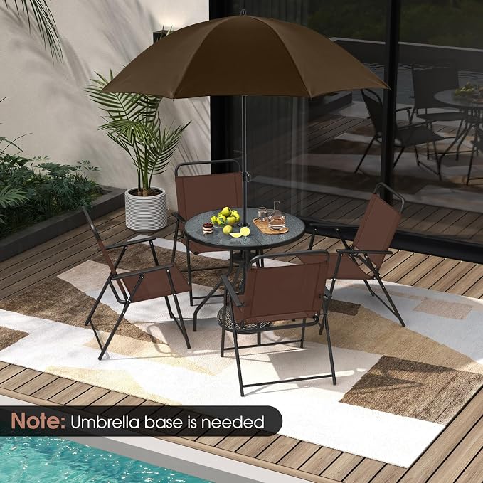 GIANTEX 6 Pieces Patio Dining Set, Folding Patio Chairs Set of 4, Tempered Glass Umbrella Table with Hole, Patio Table and Chairs for Lawn, Deck, Poolside, Backyard (Brown)