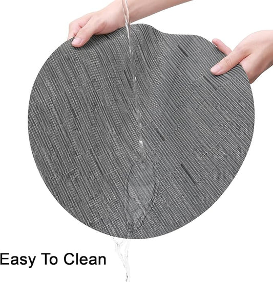 15 Inch Round Placemats Set of 8, Washable Vinyl Woven Place Mats | Heat Resistant Non-Slip Braided Table Mats for Dining Table Kitchen Indoor & Outdoor Use (Black Dark Gray, Set of 8)