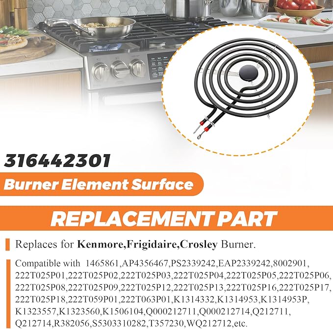 316442301 MP26YA Electric Burner Replacement (8''Coil Range Cooktop Stove,5 Turns) by Beaquicy - Surface Burner Heating Element 2600W fits for Whirlpool, Frigidaire, Kenmore 3192224 AP4356467 FEP310BW