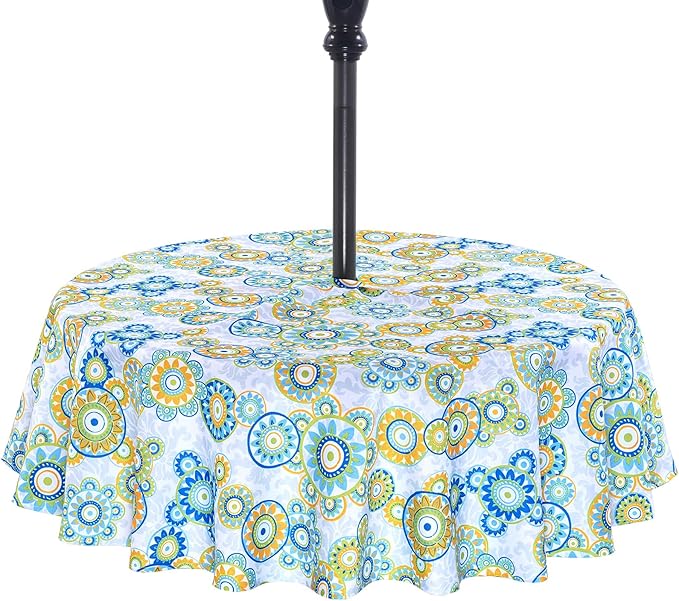 Poise3EHome 60 inches Outdoor/Indoor Waterproof Spillproof Round Tablecloth with Umbrella Hole for Camping, Picnic, Patio, Party, Spring, Floral