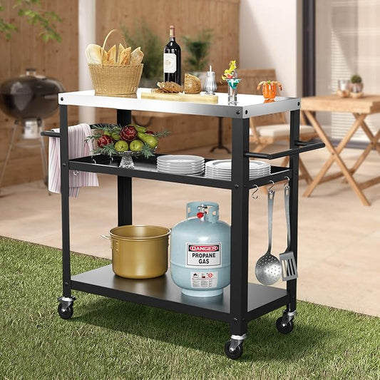 Nessxa Outdoor Grill Cart with Three-Shelf, Stainless Steel Pizza Oven Table for Outside, Dining Kitchen Cart with Two Side Handle, Garden Patio BBQ Kitchen Food Prep Table Cart (Black)