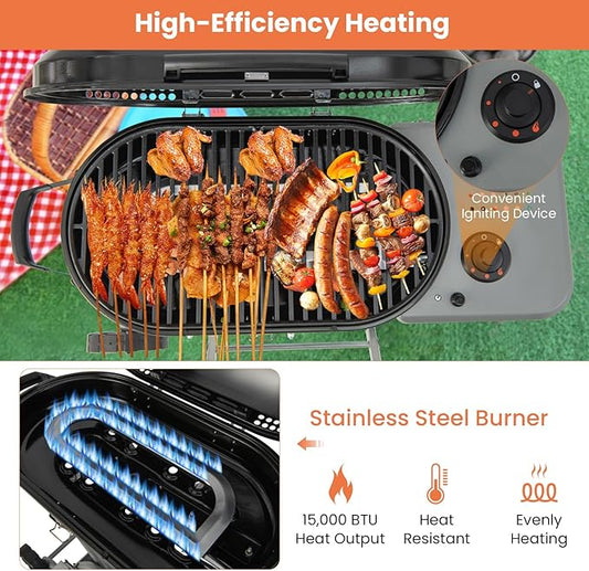 Giantex Portable Propane Gas Grill with 15,000 BTUs Burner, Side Table, 2 Wheels, Grease Tray, Metal Frame, Folding Stand-Up Propane Gas Grill for Outdoor Cooking Camping Barbecue (Black)