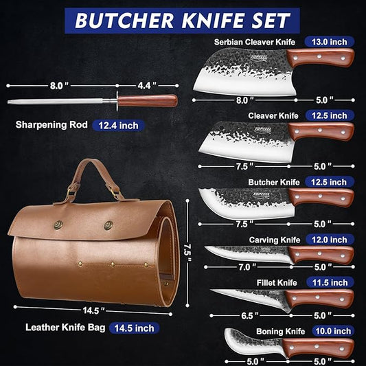 Topfeel 8PCS Chef Butcher Fish Knife Set for Meat Cutting with Roll Bag, Hand Forged Meat Cleaver Knife Boning Carving Knife Set for Home、Camping、BBQ