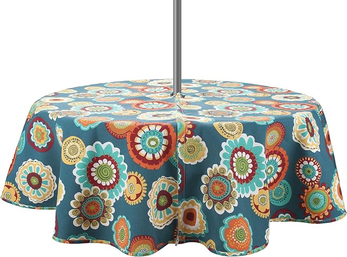 Magpie Fabrics 60" Round Tablecloth with Umbrella Hole and Zipper, Washable Waterproof Wrinkle Free Zippered Patio Table Cloths Table Covers for Spring, Party, Backyard, Picnic, BBQS (Floral Green)