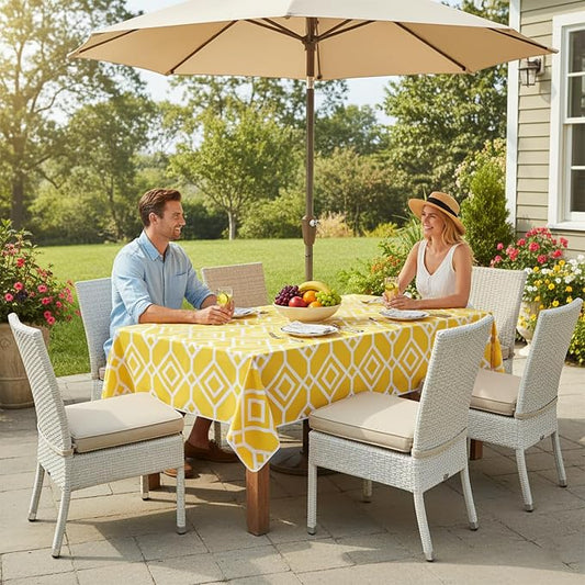 LUSHVIDA Moroccan Outdoor Tablecloth with Umbrella Hole and Zipper 60 x 102 Inch Yellow, Rectangle Waterproof Wrinkle Free Table Cloth Decorative Fabric Washable Table Cover for Patio, Party, Picnic