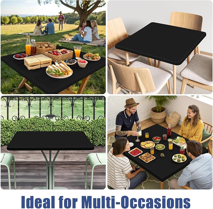Moosfor 2 Pack Square Spandex Fitted Table Cloth, Elastic Tablecloth | Washable Picnic Table Cover, Stretch Waterproof Table cloths for Party, Patio, Dining, Kitchen, 42" x 42", Black