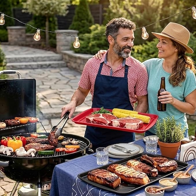 FIRE RIOT Grilling Prep & Serve Trays Set, BBQ Trays for Marinating Raw & Cooked Food with Heat Resistant Silicone Gloves & Meat Smoking Guide, Dishwasher Safe