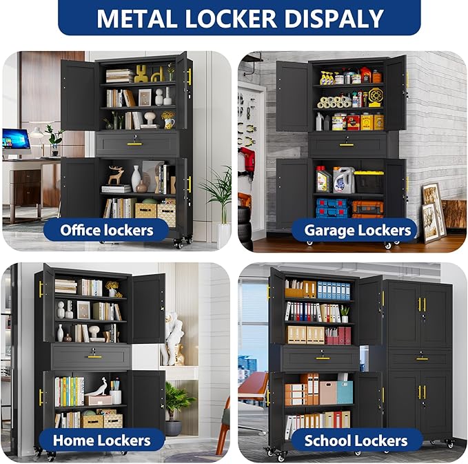 Ckzbx Metal Garage Storage Cabinet with Locking Drawers and Adjustable Shelves,71" H Steel File Cabinet with Wheels for Garage,Office (Black)