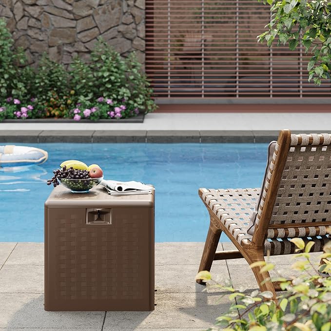 Garvee 28 gal Outdoor Storage Box with Lid, Weather-Resistant Plastic Deck Box, Lockable Outdoor Storage Bin for Patio Furniture, Gardening Tools and Accessories, Brown