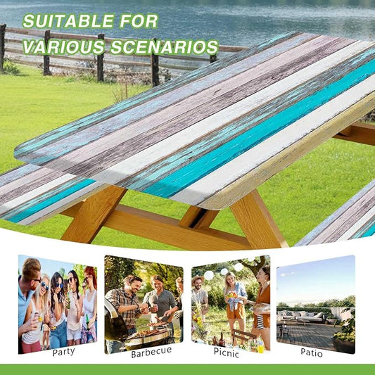 JAWO Rustic Farmhouse Country Wood Picnic Table Cover with Bench Covers, Camper RV Essentials Gear Supplies Outdoor Waterproof Windproof Tablecloth with Elastic, 30X96in