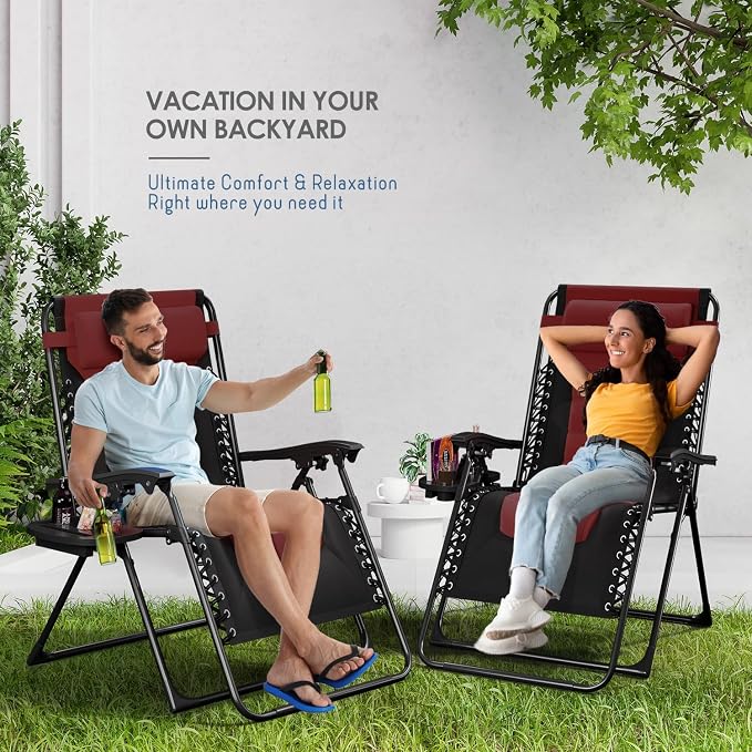 Nestl Padded Oversized Zero Gravity Chair, XL Folding Outdoor Lounge Chair | Adjustable Headrest, Cup Holder & Side Tray, Support 330 LBS, Reclining & Foldable, For Patio Beach & Camping, Black/Burgundy