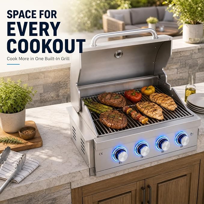 4 Burner Built in Gas Barbecue Grills & Tri-Fuel, 28in Drop-in Propane & Natural Gas Grill Combo with Rear Burner, 48,400 BTUs Stainless Steel Charcoal BBQ Grill for Outdoor Kitchen Island Patio