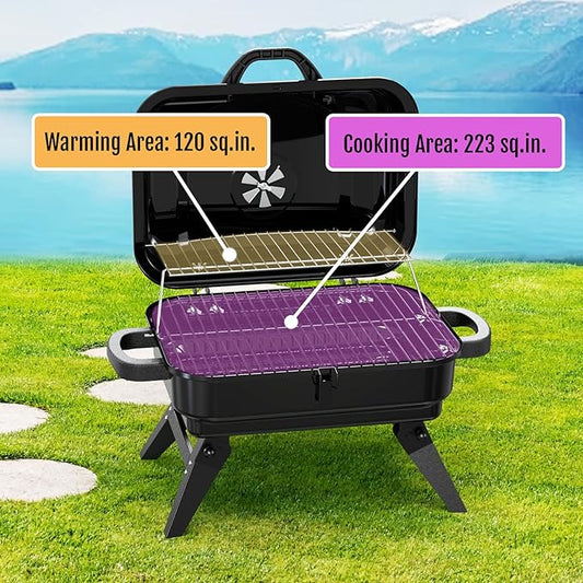 BBQCuker Portable Charcoal Grill with Warming Rack, Small Tabletop Barbecue Grill, Foldable Legs, Adjustable Vent, Total 343 Sq. In.Cooking Space, Outdoor BBQ Grill for Camping and Picnics (Black)