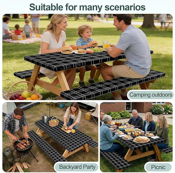 Picnic Table Cover with Bench Covers Camping Essentials Waterproof Windproof Camping Tablecloth with Drawstring Bag, Fitted Rectangle Tables and Seats, 72in, Black Checkered
