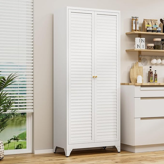 Polup 75" Kitchen Pantry Cabinet, White Metal Storage Cabinet with Doors and 4 Adjustable Shelves, Tall Metal Pantry Cabinets, Large Cupboard for Kitchen, Dining Living Room, Bathroom, Office