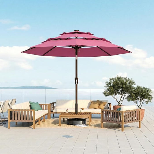 10FT Patio Umbrella 3 Tiers Outdoor Market Umbrella w/Push Button Tilt, Crank, UV and Waterproof Table Umbrella for Garden, Pool, Backyard, Deck, Lawn, Rose Pink
