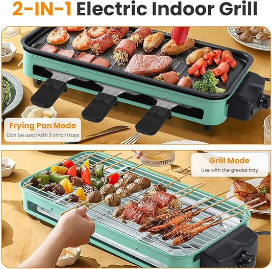 TeqHome 1500W Electric Indoor Grill,2 in 1 Smokeless Raclette Table Grill for Kitchen,Barbecue Korean BBQ Grill with Grill Net,Non-Stick Cooking Removable Plate & 5 Temperature Control,Dishwasher Safe