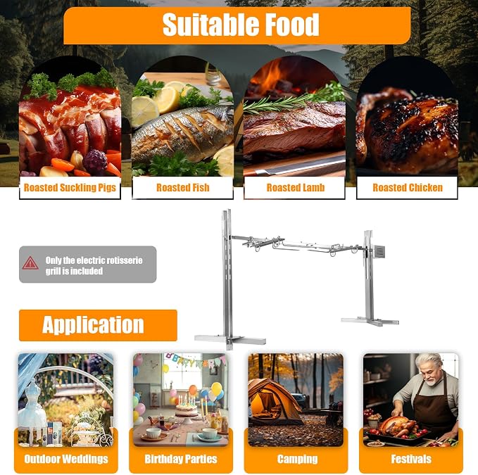 53" Electric BBQ Rotisserie Grill Kit, 88LBS Capacity Pig Roaster with Motor, 110V 25W Automatic Barbeque Rack for Wilderness and Camping, Adjustable Height, 360 Degree Rotation