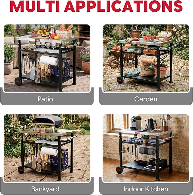 Feasto 3-Shelf Pizza Oven Table with 33.5" x 21.7" Stainless Tabletop, Outdoor Grill Cart with Tank Hook for Pizza Ovens & Griddles, Heavy-Duty Prep Station for Patio BBQ and Deck Parties, Black